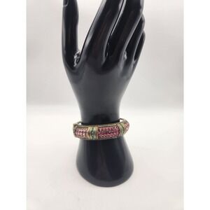 Heidi Daus Pink Fuchsia Crystal Turquoise Beaded Hinged Bangle Bracelet Bronze